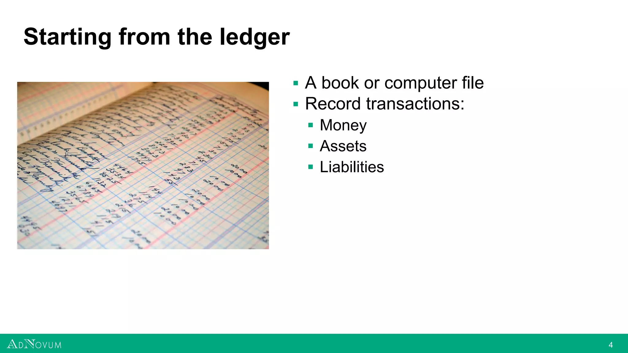 44
Starting from the ledger
▪ A book or computer file
▪ Record transactions:
▪ Money
▪ Assets
▪ Liabilities
 