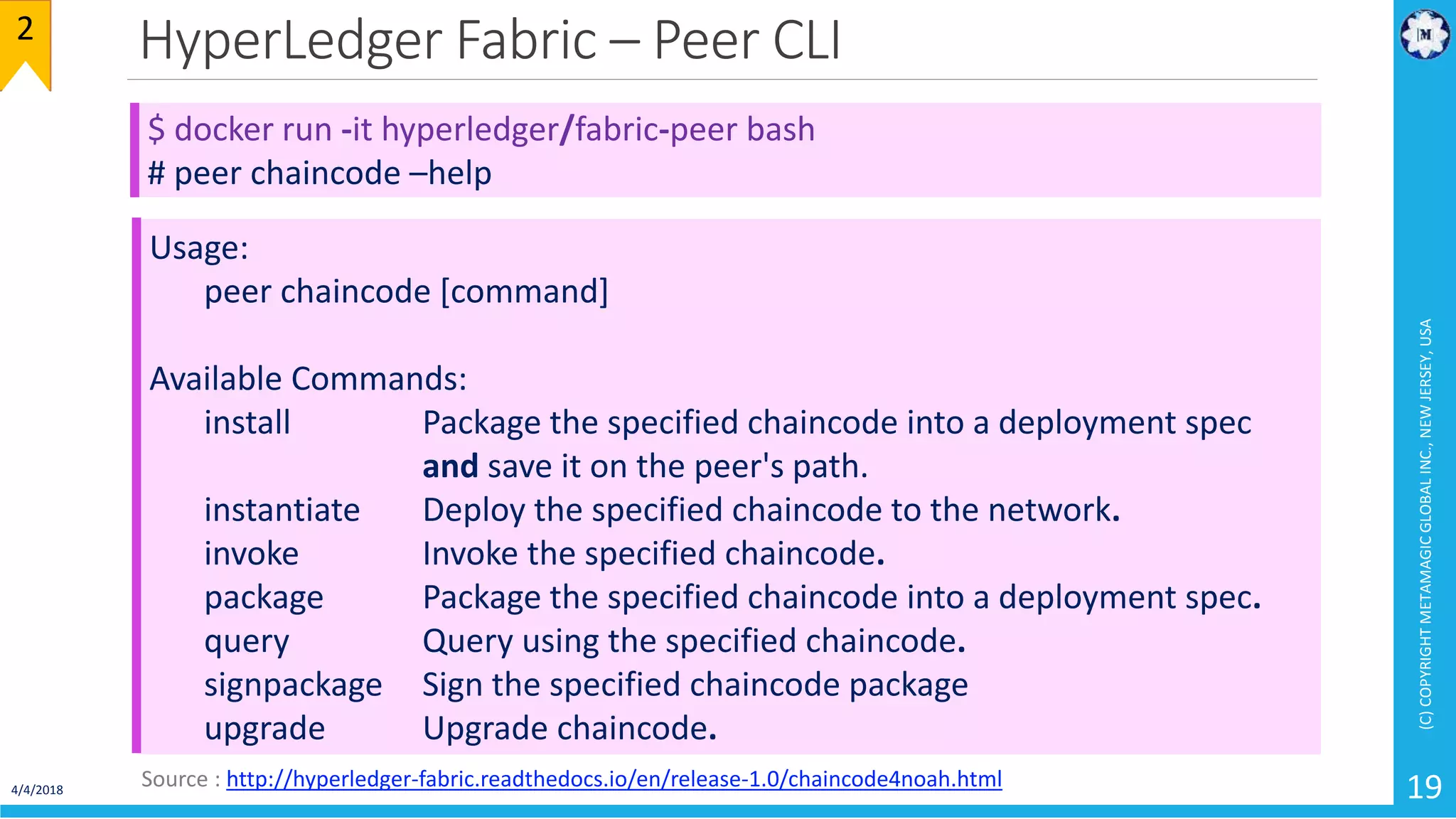 HyperLedger Fabric – Peer CLI
4/4/2018
(C)COPYRIGHTMETAMAGICGLOBALINC.,NEWJERSEY,USA
19
$ docker run -it hyperledger/fabric-peer bash
# peer chaincode –help
Usage:
peer chaincode [command]
Available Commands:
install Package the specified chaincode into a deployment spec
and save it on the peer's path.
instantiate Deploy the specified chaincode to the network.
invoke Invoke the specified chaincode.
package Package the specified chaincode into a deployment spec.
query Query using the specified chaincode.
signpackage Sign the specified chaincode package
upgrade Upgrade chaincode.
2
Source : http://hyperledger-fabric.readthedocs.io/en/release-1.0/chaincode4noah.html
 