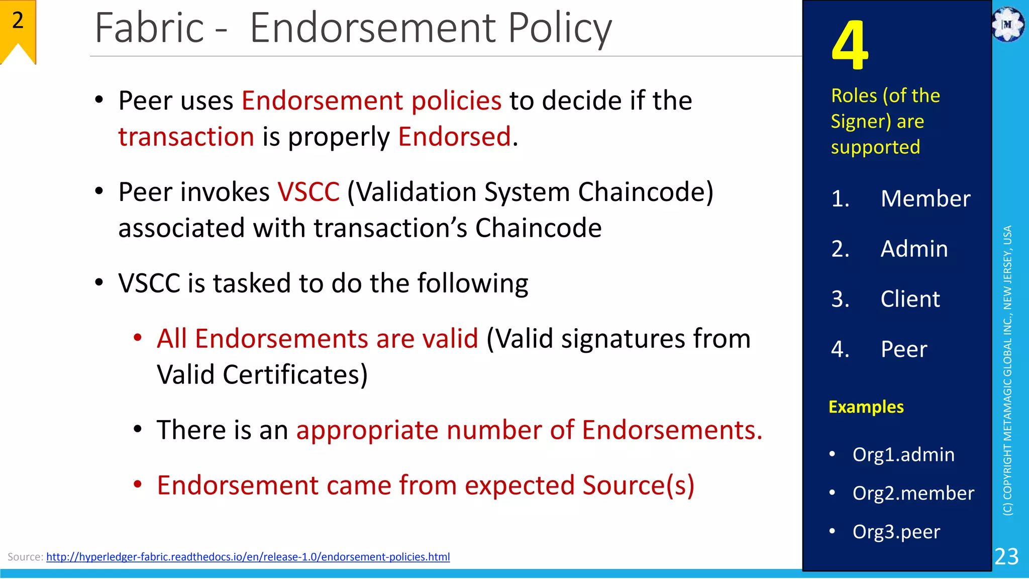 Fabric - Endorsement Policy
(C)COPYRIGHTMETAMAGICGLOBALINC.,NEWJERSEY,USA
23
2
• Peer uses Endorsement policies to decide if the
transaction is properly Endorsed.
• Peer invokes VSCC (Validation System Chaincode)
associated with transaction’s Chaincode
• VSCC is tasked to do the following
• All Endorsements are valid (Valid signatures from
Valid Certificates)
• There is an appropriate number of Endorsements.
• Endorsement came from expected Source(s)
Source: http://hyperledger-fabric.readthedocs.io/en/release-1.0/endorsement-policies.html
Examples
• Org1.admin
• Org2.member
• Org3.peer
Roles (of the
Signer) are
supported
1. Member
2. Admin
3. Client
4. Peer
4
 