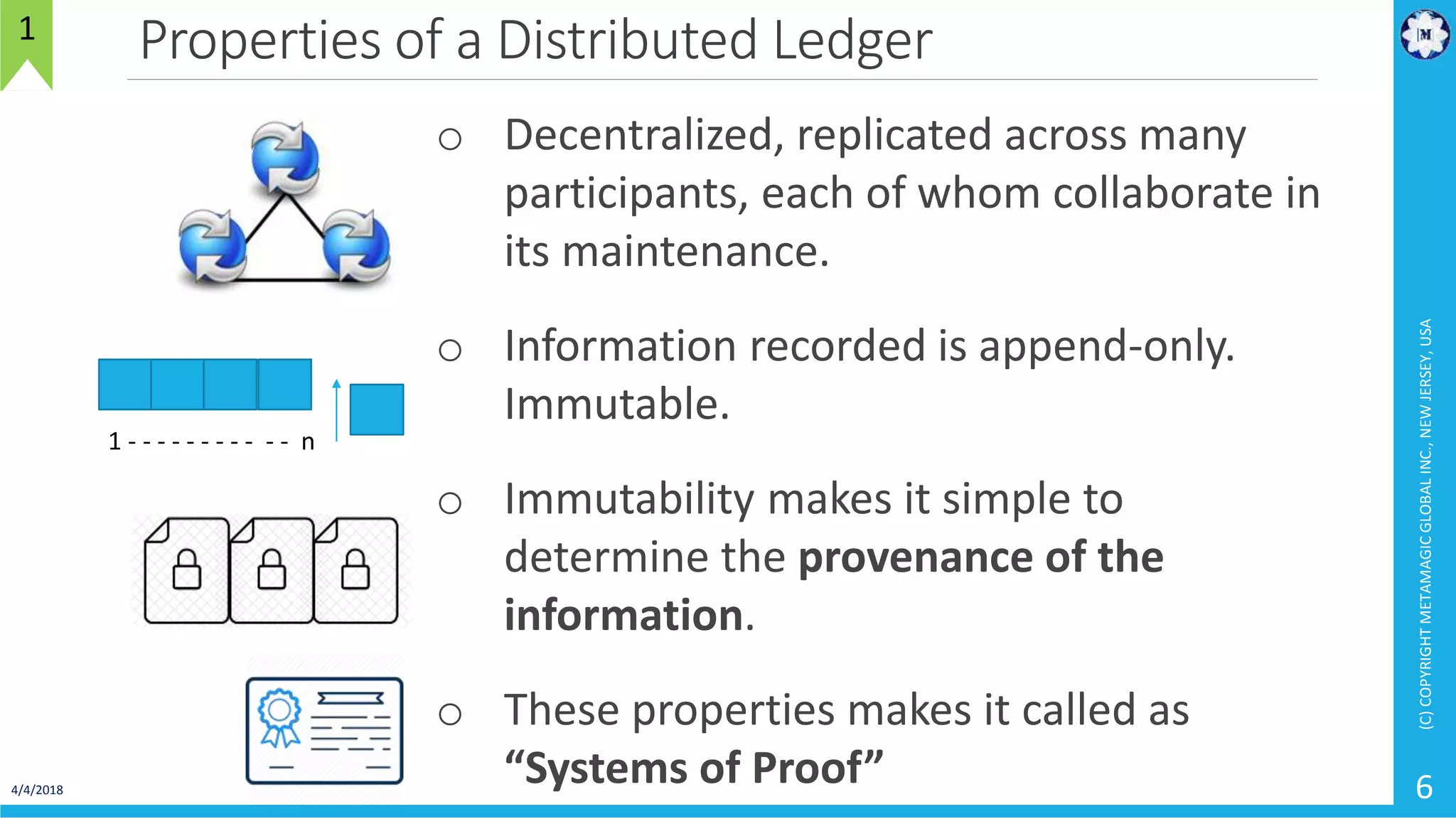 Properties of a Distributed Ledger
4/4/2018
(C)COPYRIGHTMETAMAGICGLOBALINC.,NEWJERSEY,USA
6
o Decentralized, replicated across many
participants, each of whom collaborate in
its maintenance.
o Information recorded is append-only.
Immutable.
o Immutability makes it simple to
determine the provenance of the
information.
o These properties makes it called as
“Systems of Proof”
1 - - - - - - - - - - - n
1
 