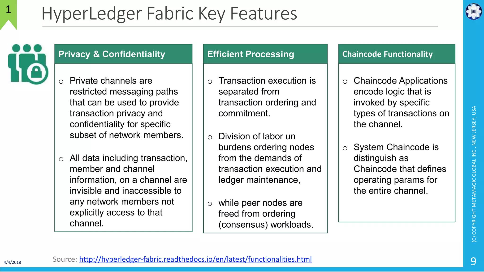 HyperLedger Fabric Key Features
4/4/2018
(C)COPYRIGHTMETAMAGICGLOBALINC.,NEWJERSEY,USA
9
1
Source: http://hyperledger-fabric.readthedocs.io/en/latest/functionalities.html
o Transaction execution is
separated from
transaction ordering and
commitment.
o Division of labor un
burdens ordering nodes
from the demands of
transaction execution and
ledger maintenance,
o while peer nodes are
freed from ordering
(consensus) workloads.
Efficient Processing
o Chaincode Applications
encode logic that is
invoked by specific
types of transactions on
the channel.
o System Chaincode is
distinguish as
Chaincode that defines
operating params for
the entire channel.
Chaincode Functionality
o Private channels are
restricted messaging paths
that can be used to provide
transaction privacy and
confidentiality for specific
subset of network members.
o All data including transaction,
member and channel
information, on a channel are
invisible and inaccessible to
any network members not
explicitly access to that
channel.
Privacy & Confidentiality
 