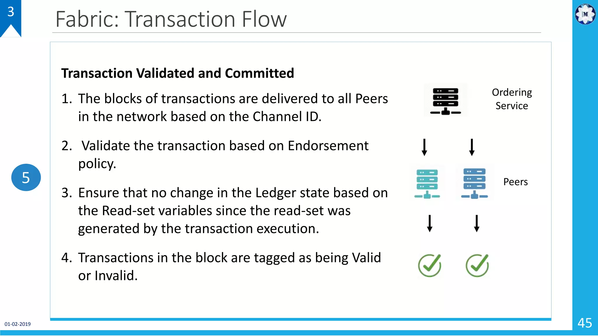 01-02-2019 45
Fabric: Transaction Flow3
Transaction Validated and Committed
1. The blocks of transactions are delivered to all Peers
in the network based on the Channel ID.
2. Validate the transaction based on Endorsement
policy.
3. Ensure that no change in the Ledger state based on
the Read-set variables since the read-set was
generated by the transaction execution.
4. Transactions in the block are tagged as being Valid
or Invalid.
5
Ordering
Service
Peers
 