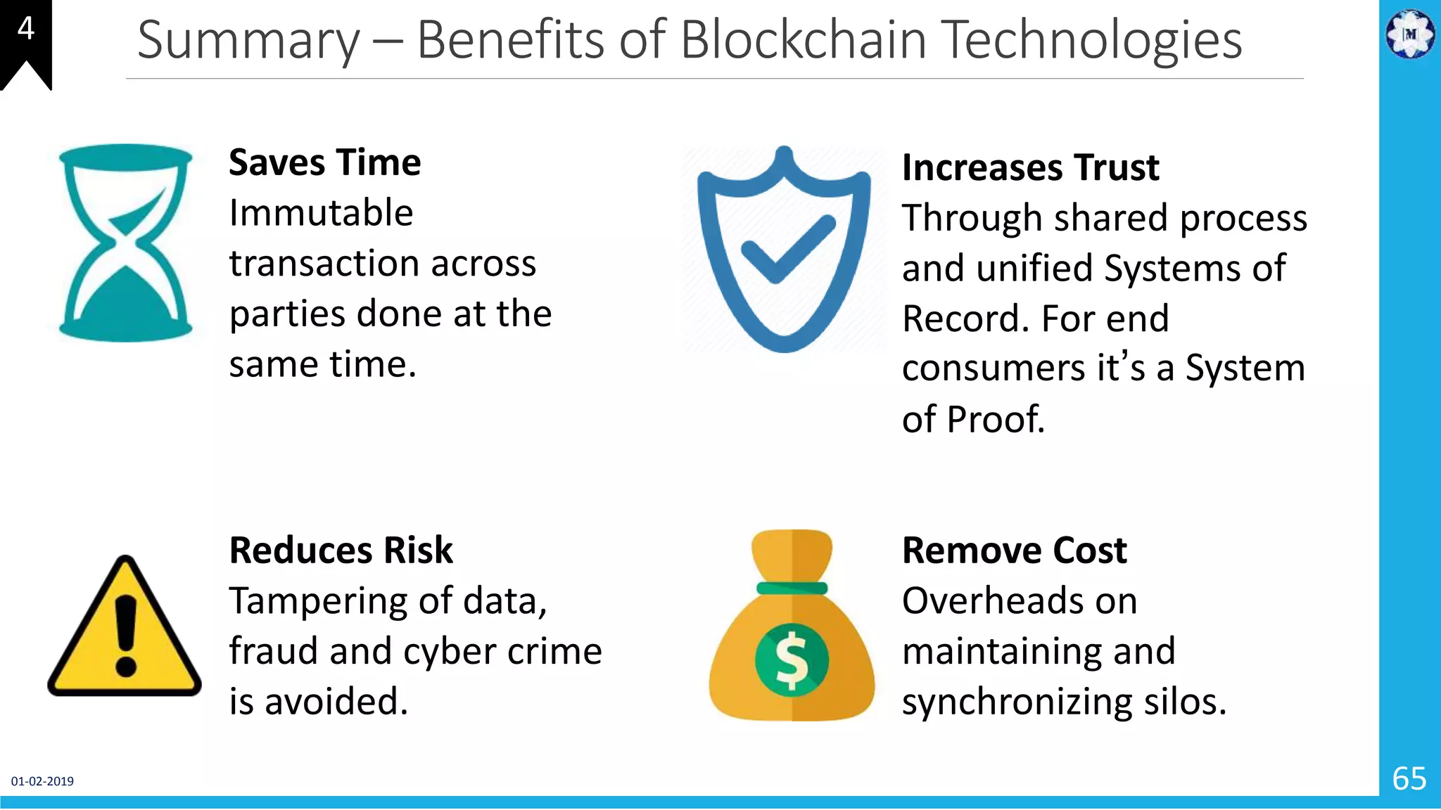 Summary – Benefits of Blockchain Technologies
01-02-2019 65
4
Saves Time
Immutable
transaction across
parties done at the
same time.
Remove Cost
Overheads on
maintaining and
synchronizing silos.
Increases Trust
Through shared process
and unified Systems of
Record. For end
consumers it’s a System
of Proof.
Reduces Risk
Tampering of data,
fraud and cyber crime
is avoided.
 