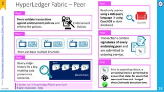 HyperLedger Fabric – Peer
18
2Source:http://hyperledger-fabric.readthedocs.io/en/release-1.0/fabric_model.html
Blockchain
Tx Tx Tx Tx
Block
Peer
Query ledger
history for a key,
enabling data
provenance
scenarios.
Peer
CouchDB
Read-only queries
using a rich query
language (if using
CouchDB as state
database)
Transactions contain
signatures of every
endorsing peer and
are submitted to
ordering service.
Peer
Tx
Peer
Peers validate transactions
against endorsement policies and
enforce the policies.
Endorsement
Policies
Peer
Peers can have multiple Channels
Peer
Prior to appending a block, a
versioning check is performed to
ensure that states for assets that
were read have not changed
since Chaincode execution time.
Tx
$ docker run -it hyperledger/fabric-peer bash
# peer chaincode --help01-02-2019
 