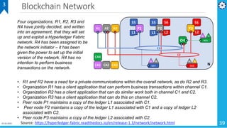 Blockchain Network
01-02-2019 39
3
Source: https://hyperledger-fabric.readthedocs.io/en/release-1.3/network/network.html
Four organizations, R1, R2, R3 and
R4 have jointly decided, and written
into an agreement, that they will set
up and exploit a Hyperledger Fabric
network. R4 has been assigned to be
the network initiator – it has been
given the power to set up the initial
version of the network. R4 has no
intention to perform business
transactions on the network.
• R1 and R2 have a need for a private communications within the overall network, as do R2 and R3.
• Organization R1 has a client application that can perform business transactions within channel C1.
• Organization R2 has a client application that can do similar work both in channel C1 and C2.
• Organization R3 has a client application that can do this on channel C2.
• Peer node P1 maintains a copy of the ledger L1 associated with C1.
• Peer node P2 maintains a copy of the ledger L1 associated with C1 and a copy of ledger L2
associated with C2.
• Peer node P3 maintains a copy of the ledger L2 associated with C2.
 