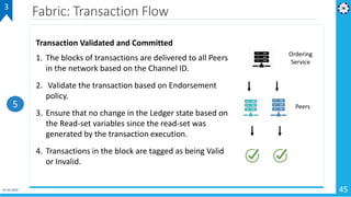 01-02-2019 45
Fabric: Transaction Flow3
Transaction Validated and Committed
1. The blocks of transactions are delivered to all Peers
in the network based on the Channel ID.
2. Validate the transaction based on Endorsement
policy.
3. Ensure that no change in the Ledger state based on
the Read-set variables since the read-set was
generated by the transaction execution.
4. Transactions in the block are tagged as being Valid
or Invalid.
5
Ordering
Service
Peers
 