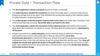 Private Data – Transaction Flow
01-02-2019 51
3
Source: https://hyperledger-fabric.readthedocs.io/en/release-1.3/private-data/private-data.html
1. The client application submits a proposal request to invoke a chaincode.
2. The endorsing peers simulate the transaction and store the private data in a transient data store (a
temporary storage local to the peer). They distribute the private data, based on the collection policy,
to authorized peers via gossip protocol.
3. The endorsing peer sends the proposal response back to the client with public data, including a hash
of the private data key and value. No private data is sent back to the client.
4. The client application submits the transaction to the ordering service (with hashes of the private
data) which gets distributed into blocks as normal. The block with the hashed values is distributed to
all the peers.
5. At block-committal time, authorized peers use the collection policy to determine if they are
authorized to have access to the private data. If they do, they will first check their
local transient data store to determine if they have already received the private data at chaincode
endorsement time. If not, they will attempt to pull the private data from another peer. Then they will
validate the private data against the hashes in the public block and commit the transaction and the
block. Upon validation/commit, the private data is moved to their copy of the private state database
and private writeset storage.
 
