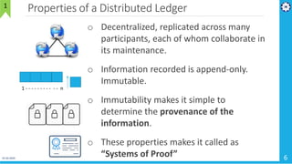 Properties of a Distributed Ledger
01-02-2019 6
o Decentralized, replicated across many
participants, each of whom collaborate in
its maintenance.
o Information recorded is append-only.
Immutable.
o Immutability makes it simple to
determine the provenance of the
information.
o These properties makes it called as
“Systems of Proof”
1 - - - - - - - - - - - n
1
 