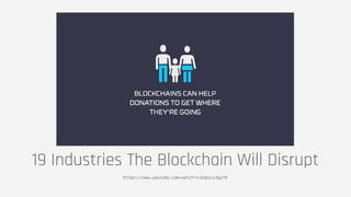 19 Industries The Blockchain Will Disrupt
https://www.youtube.com/watch?v=G3psxs3gyf8
 