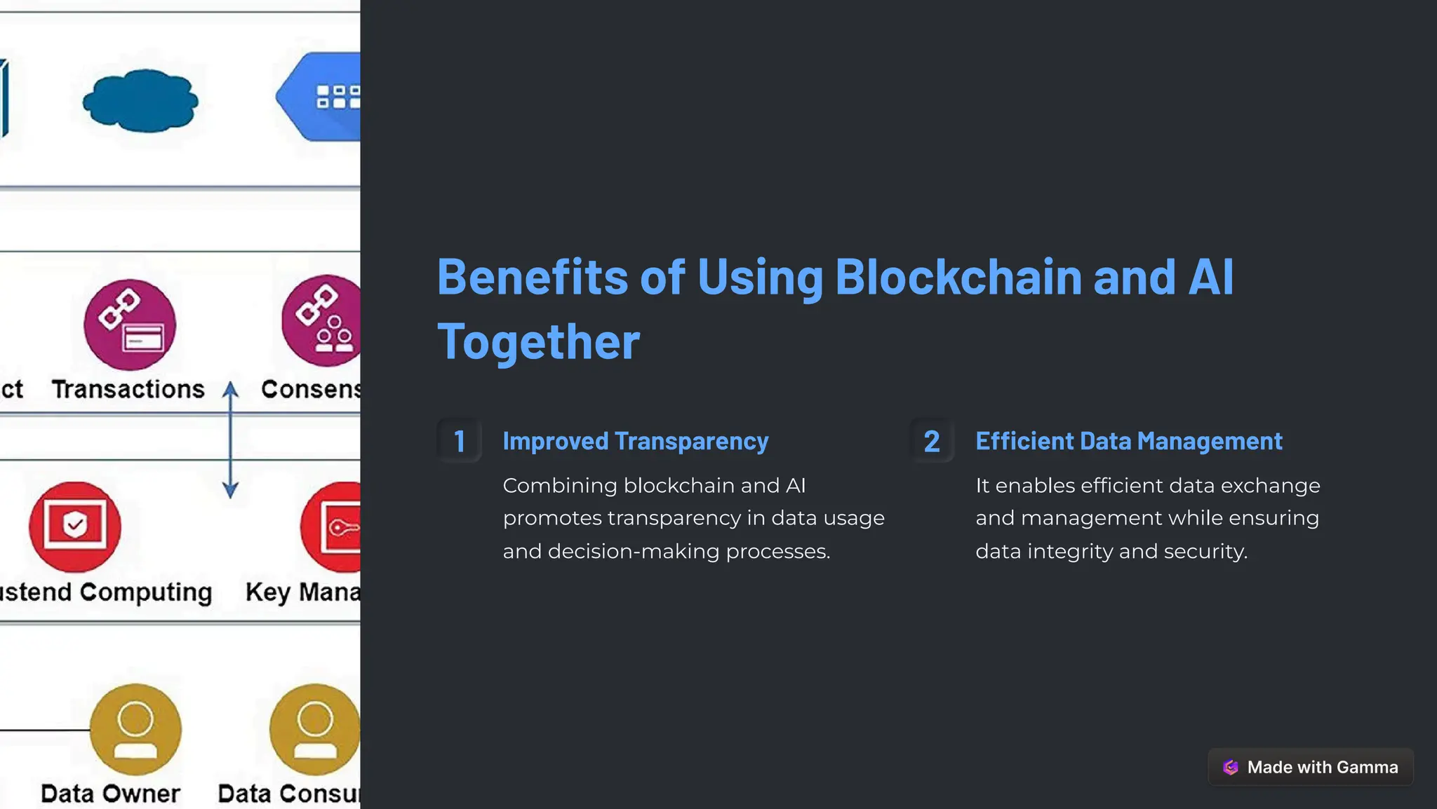 Benefits of Using Blockchain and AI
Together
1 Improved Transparency
Combining blockchain and AI
promotes transparency in data usage
and decision-making processes.
2 Efficient Data Management
It enables efficient data exchange
and management while ensuring
data integrity and security.
 