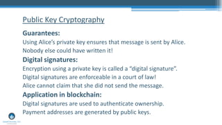 Guarantees:
Using Alice’s private key ensures that message is sent by Alice.
Nobody else could have written it!
Digital signatures:
Encryption using a private key is called a “digital signature”.
Digital signatures are enforceable in a court of law!
Alice cannot claim that she did not send the message.
Application in blockchain:
Digital signatures are used to authenticate ownership.
Payment addresses are generated by public keys.
Public Key Cryptography
 
