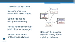 Consists of several
computers called nodes
Each node has its
own private memory
Nodes communicate with
each other by messages
Network structure is
not known in advance
Distributed Systems
Nodes in the network
may fail or may exhibit
malicious behavior
 