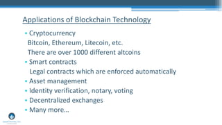 • Cryptocurrency
Bitcoin, Ethereum, Litecoin, etc.
There are over 1000 different altcoins
• Smart contracts
Legal contracts which are enforced automatically
• Asset management
• Identity verification, notary, voting
• Decentralized exchanges
• Many more…
Applications of Blockchain Technology
 