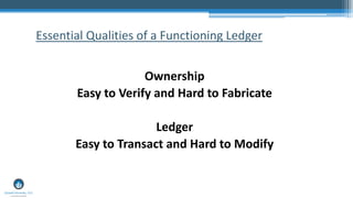 Ownership
Easy to Verify and Hard to Fabricate
Ledger
Easy to Transact and Hard to Modify
Essential Qualities of a Functioning Ledger
 