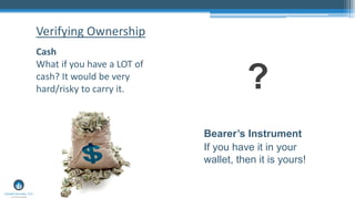 Cash
What if you have a LOT of
cash? It would be very
hard/risky to carry it.
Verifying Ownership
?
Bearer’s Instrument
If you have it in your
wallet, then it is yours!
 