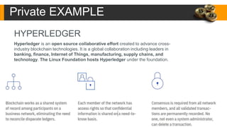 Private EXAMPLE
HYPERLEDGER
Hyperledger is an open source collaborative effort created to advance cross-
industry blockchain technologies. It is a global collaboration including leaders in
banking, finance, Internet of Things, manufacturing, supply chains, and
technology. The Linux Foundation hosts Hyperledger under the foundation.
 