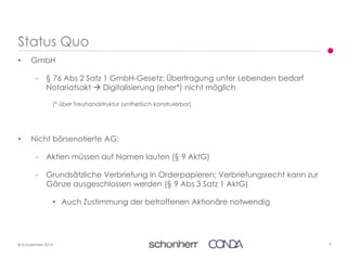 5© Schoenherr 2019
• GmbH
- § 76 Abs 2 Satz 1 GmbH-Gesetz: Übertragung unter Lebenden bedarf
Notariatsakt  Digitalisierung (eher*) nicht möglich
(* über Treuhandstruktur synthetisch konstruierbar)
• Nicht börsenotierte AG:
- Aktien müssen auf Namen lauten (§ 9 AktG)
- Grundsätzliche Verbriefung in Orderpapieren; Verbriefungsrecht kann zur
Gänze ausgeschlossen werden (§ 9 Abs 3 Satz 1 AktG)
• Auch Zustimmung der betroffenen Aktionäre notwendig
Status Quo
 
