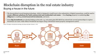 PwC
Blockchain disruption in the real estate industry
17
Buying a house in the future
2019blockchain-Real
Buyer Seller
Steve
Julia
• The decentralized-record-keeping technology, which is designed to instill trust in the authenticity of digital transactions, could be used to
create efficient solutions for both commercial and residential real estate — from buying property to conducting due
diligence to enabling crowd-sourced investments, and more.
• Some big incumbents are already betting on the tech: e.g. real estate giant RE/MAX has entered into several partnerships to explore
blockchain use cases, while Hilton Worldwide has begun using a blockchain-based property management system.
Title
“Code of Law”
Source: CB Insights, How blockchain technology could disrupt real estate, February 21, 2019
 