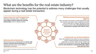 PwC
What are the benefits for the real estate industry?
18
Blockchain technology has the potential to address many challenges that usually
appear during a real estate transaction.
2019blockchain-Real
Blockchain
Benefits for
the real estate
industry
Improving trust and transparency
Blockchain technology offers a verifiable and
censorship-resistant option for sharing
information (such as valuation details).
Reducing siloed databases
Real estate processes would benefit from secure and
tamper-resistant shared databases that compile
data and documents from various different
stakeholders in one place.
Making transaction processes more
efficient
Most real estate transactions are still conducted through
wire transfers and require costly verification processes
that can take days to complete. Blockchain-based
transactions could enable a streamlined process
which delivers quickly and reduces costs.
Limiting the use of intermediaries
Many intermediaries, from brokers to escrow companies,
could be rendered obsolete by blockchain-based
approaches, as records could be stored, verified, and
transferred using blockchain technology. Removing the
need for intermediaries could dramatically reduce
costs and save time.
Source: CB Insights, How blockchain technology could disrupt real estate, February 21, 2019
 