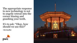- Burning Man
READ & DELETE BEFORE USING
If replacing the pattern/photo on this slide, first,
click on and delete the pattern/photo. Then, click
on the icon in the placeholder to select a new
image. Size and crop if/as needed. Final image is
7.5”/190.5mm tall x 7.5”/190.5mm wide. Use
images from our library.
The appropriate response
to new technology is not
to angrily retreat into the
corner hissing and
gnashing your teeth.
It’s to ask: “Okay, how
should we use this?”
 