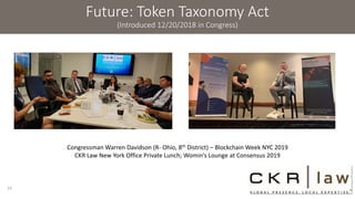 Future: Token Taxonomy Act
(Introduced 12/20/2018 in Congress)
14
Congressman Warren Davidson (R- Ohio, 8th District) – Blockchain Week NYC 2019
CKR Law New York Office Private Lunch; Womin’s Lounge at Consensus 2019
 