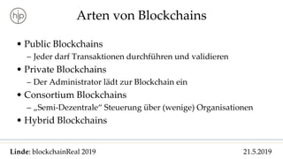 Linde: blockchainReal 2019 21.5.2019
Arten von Blockchains
• Public Blockchains
– Jeder darf Transaktionen durchführen und validieren
• Private Blockchains
– Der Administrator lädt zur Blockchain ein
• Consortium Blockchains
– „Semi-Dezentrale“ Steuerung über (wenige) Organisationen
• Hybrid Blockchains
 