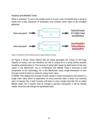 Hashes​ ​and​ ​Merkle​ ​Trees 
What is hashing? To put it into simple words it is just a way of transforming a string of
words into a long sequence of characters and numbers which seem to be complete
gibberish.
 
Figure​ ​3:​ ​Illustration​ ​of​ ​how​ ​hashing​ ​ensures​ ​unique​ ​Hashes​ ​for​ ​Inputs 
 
As Figure 3 shows, these hashes that are being generated are unique (in the huge
majority of cases) and can therefore act like a unique ID to a string without actually
revealing anything about it. The concept of using hash values by itself would not be very
useful in the Blockchain, but in combination with Merkle Trees it becomes a vital
component of the technology. So in the Blockchain every single transaction is sent
through​ ​a​ ​hash​ ​function​ ​to​ ​create​ ​its​ ​unique​ ​hash​ ​value.
A Merkle Tree applies the concept of hash values to many transactions and results in a
single hash value which is dependent on every previous hash. It does it by inserting
pairs of hashes into a hash function until there is only a single hash left, the so called
Merkle Hash. So if anyone tries to change a previous transaction it will be directly
visible,​ ​since​ ​this​ ​will​ ​change​ ​the​ ​big​ ​Merkle​ ​Hash.
 
 
 
 
 
 
 
 
 
 
10  
 