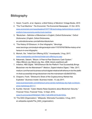 Bibliography
1. Harari,​ ​Yuval​ ​N.,​ ​et​ ​al.​ ​​Sapiens:​ ​a​ ​Brief​ ​History​ ​of​ ​Mankind​.​ ​Vintage​ ​Books,​ ​2015
2. “The​ ​Trust​ ​Machine.”​ ​​The​ ​Economist​,​ ​The​ ​Economist​ ​Newspaper,​ ​31​ ​Oct.​ ​2015,
www.economist.com/news/leaders/21677198-technology-behind-bitcoin-could-tr
ansform-how-economy-works-trust-machine​.
3. “Blockchain​ ​-​ ​Definition​ ​of​ ​Blockchain​ ​in​ ​English​ ​|​ ​Oxford​ ​Dictionaries.”​ ​​Oxford
Dictionaries​ ​|​ ​English​,​ ​Oxford​ ​Dictionaries,
en.oxforddictionaries.com/definition/blockchain.
4. “The​ ​History​ ​Of​ ​Ethereum,​ ​In​ ​One​ ​Infographic.”​ ​​Benzinga​,
www.benzinga.com/analyst-ratings/analyst-color/17/07/9740796/the-history-of-et
hereum-in-one-infographic.
5. Momoh,​ ​Osi.​ ​“Initial​ ​Coin​ ​Offering​ ​(ICO).”​ ​​Investopedia​,​ ​3​ ​Aug.​ ​2017,
www.investopedia.com/terms/i/initial-coin-offering-ico.asp​.
6. Nakamato,​ ​Satoshi.​ ​“Bitcoin:​ ​A​ ​Peer-to-Peer​ ​Electronic​ ​Cash​ ​System.”
Https://Bitcoin.org​,​ ​Bitcoin.org,​ ​Nov.​ ​2008,​ ​bitcoin.org/bitcoin.pdf.
7. Initiative,​ ​HBS​ ​Digital.​ ​“Will​ ​Ethereum​ ​Be​ ​the​ ​Platform​ ​That​ ​Successfully​ ​Brings
Blockchain​ ​into​ ​the​ ​Mainstream?”​ ​​Medium​,​ ​Digital​ ​Initiative​ ​Digest,​ ​7​ ​Mar.​ ​2017,
medium.com/harvard-business-school-digital-initiative/will-ethereum-be-the-platfo
rm-that-successfully-brings-blockchain-into-the-mainstream-d2c9b035742c.
8. Chaparro,​ ​Frank.​ ​“Ethereum's​ ​Share​ ​of​ ​the​ ​Cryptocurrency​ ​Market​ ​Has
Exploded.”​ ​​Business​ ​Insider​,​ ​Business​ ​Insider,​ ​13​ ​July​ ​2017,
www.businessinsider.com/ethereum-price-sends-marketcap-sky-high-vs-bitcoin-
price-marketcap-2017-7​.
9. Kuchler,​ ​Hannah.​ ​“Cyber​ ​Attacks​ ​Raise​ ​Questions​ ​about​ ​Blockchain​ ​Security.”
Financial​ ​Times​,​ ​Financial​ ​Times,​ ​12​ ​Sept.​ ​2016,
www.ft.com/content/05b5efa4-7382-11e6-bf48-b372cdb1043a​.
10.“The​ ​DAO​ ​(Organization).”​ ​​Wikipedia​,​ ​Wikimedia​ ​Foundation,​ ​9​ ​Aug.​ ​2017,
en.wikipedia.org/wiki/The_DAO_(organization).
21  
 