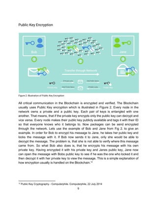 Public​ ​Key​ ​Encryption 
 
 
Figure​ ​2:​ ​Illustration​ ​of​ ​Public​ ​Key​ ​Encryption 
 
All critical communication in the Blockchain is encrypted and verified. The Blockchain
usually uses Public Key encryption which is illustrated in FIgure 2. Every node in the
network owns a private and a public key. Each pair of keys is entangled with one
another. That means, that if the private key encrypts only the public key can decrypt and
vice versa. Every node makes their public key publicly available and tags it with their ID
so that everyone knows who it belongs to. Now packages can be send encrypted
through the network. Lets use the example of Bob and Jane from Fig 2. to give an
example. In order for Bob to encrypt his message to Jane, he takes her public key and
locks the message with it. If Bob now sends it to Jane, only she would be able to
decrypt the message. The problem is, that she is not able to verify where this message
came from. So what Bob also does is, that he encrypts his message with his own
private key. Having encrypted it with his private key and Janes public key, Jane now
can open the message with Bobs public key to see if he was the one who locked it and
then decrypt it with her private key to view the message. This is a simple explanation of
how​ ​encryption​ ​usually​ ​is​ ​handled​ ​on​ ​the​ ​Blockchain.12
 
 
12
​ ​Public​ ​Key​ ​Cryptography​ ​-​ ​Computerphile.​ ​Computerphile,​ ​22​ ​July​ ​2014
9  
 