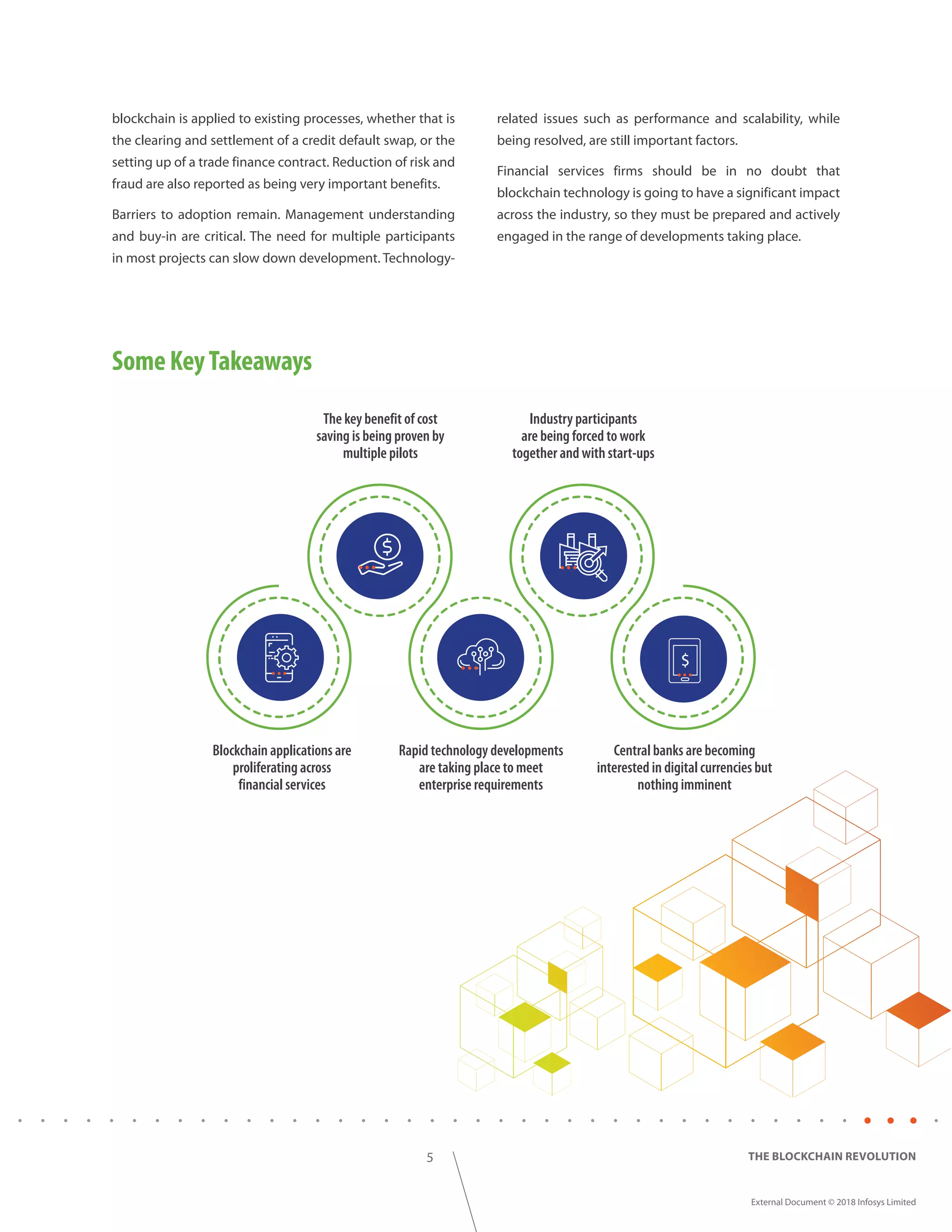 5
External Document © 2018 Infosys Limited
THE BLOCKCHAIN REVOLUTION
blockchain is applied to existing processes, whether that is
the clearing and settlement of a credit default swap, or the
setting up of a trade finance contract. Reduction of risk and
fraud are also reported as being very important benefits.
Barriers to adoption remain. Management understanding
and buy-in are critical. The need for multiple participants
in most projects can slow down development. Technology-
related issues such as performance and scalability, while
being resolved, are still important factors.
Financial services firms should be in no doubt that
blockchain technology is going to have a significant impact
across the industry, so they must be prepared and actively
engaged in the range of developments taking place.
SomeKeyTakeaways
Blockchain applications are
proliferating across
financial services
Rapid technology developments
are taking place to meet
enterprise requirements
The key benefit of cost
saving is being proven by
multiple pilots
Industry participants
are being forced to work
together and with start-ups
Central banks are becoming
interested in digital currencies but
nothing imminent
 