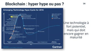 34
Blockchain : hyper hype ou pas ?
Une technologie à
fort potentiel,
mais qui doit
encore gagner en
maturité
 