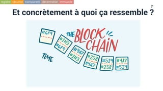 7
Et concrètement à quoi ça ressemble ?
immuableregistre sécurisé transparent décentralisé
 