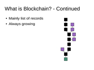What is Blockchain? - Continued
● Mainly list of records
● Always growing
 