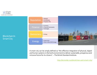 Blockchain In
SmartCity
A smart city can be simply defined as "the effective integration of physical, digital
and human systems in the built environment to deliver sustainable, prosperous and
inclusive future for its citizens". ~The BritishStandard Institute.
http://bcinsider.my/blockchain-and-smart-city/
 