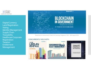 DigitalCurrency
LandRegistration
Voting
Identity Management
SupplyChain
Traceability
HealthcareCorporate
Registration
Taxation
Entitlement
Management
 