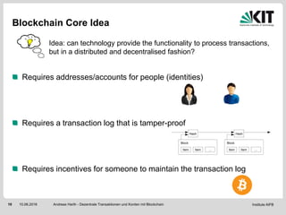 Institute AIFB10 10.06.2016
Blockchain Core Idea
Requires addresses/accounts for people (identities)
Requires a transactio...