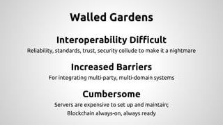 Walled Gardens
Interoperability Difficult
Reliability, standards, trust, security collude to make it a nightmare
Increased Barriers
For integrating multi-party, multi-domain systems
Cumbersome
Servers are expensive to set up and maintain;
Blockchain always-on, always ready
 