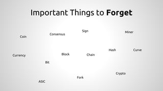 Important Things to Forget
Coin
Crypto
Currency
Bit
ChainBlock
Hash
Consensus
Fork
MinerSign
ASIC
Curve
 