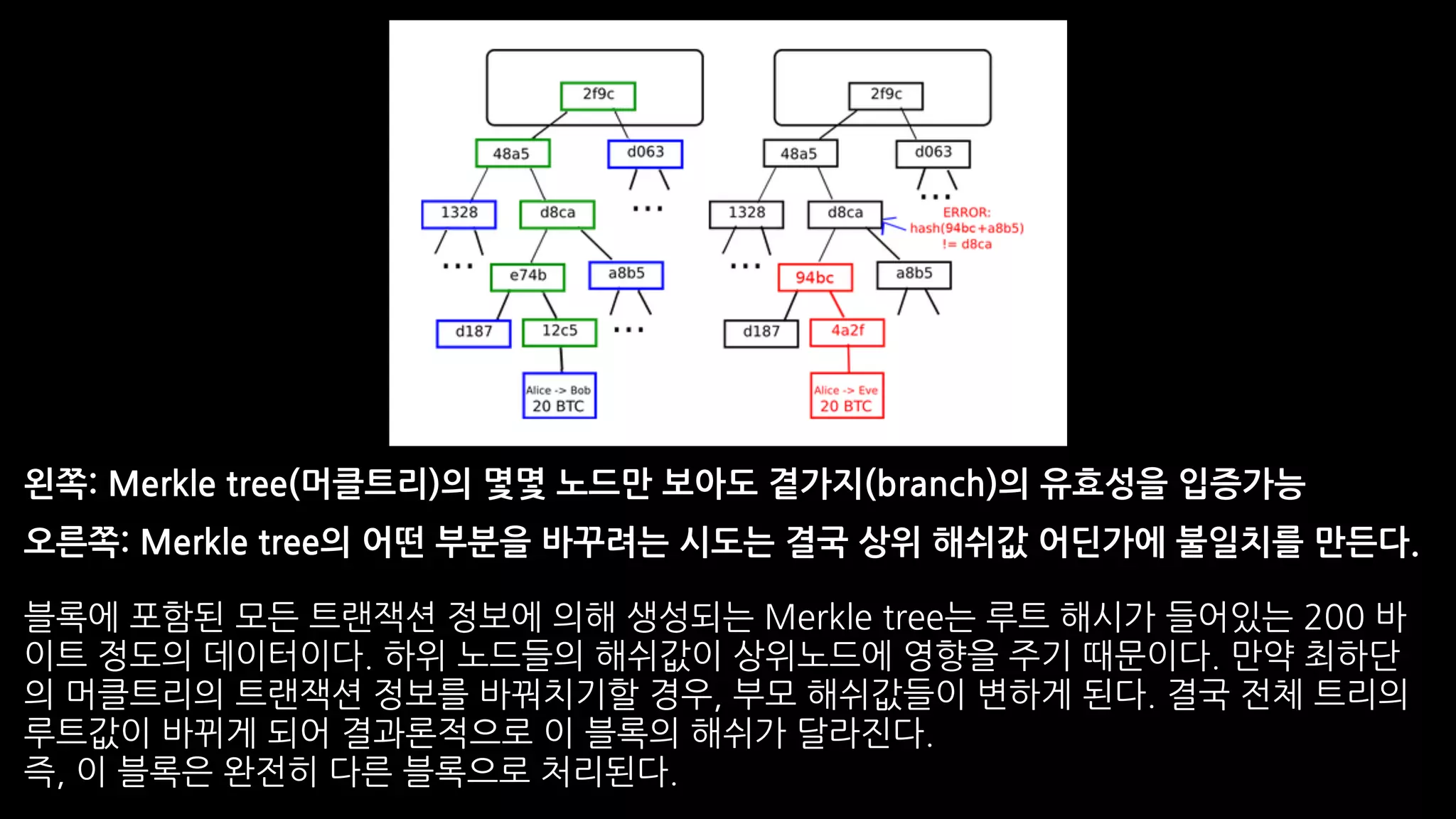 왼쪽: Merkle tree(머클트리)의 몇몇 노드만 보아도 곁가지(branch)의 유효성을 입증가능
오른쪽: Merkle tree의 어떤 부분을 바꾸려는 시도는 결국 상위 해쉬값 어딘가에 불일치를 만든다.
블록에 포함된 모든 트랜잭션 정보에 의해 생성되는 Merkle tree는 루트 해시가 들어있는 200 바
이트 정도의 데이터이다. 하위 노드들의 해쉬값이 상위노드에 영향을 주기 때문이다. 만약 최하단
의 머클트리의 트랜잭션 정보를 바꿔치기할 경우, 부모 해쉬값들이 변하게 된다. 결국 전체 트리의
루트값이 바뀌게 되어 결과론적으로 이 블록의 해쉬가 달라진다.
즉, 이 블록은 완전히 다른 블록으로 처리된다.
 