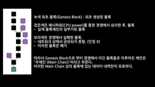 녹색 최초 블록(Genesis Block) : 최초 생성된 블록
검은색은 해시파워(CPU power)를 통한 경쟁에서 승리한 후, 블록
- 실제 블록체인의 일부가된 블록
보라색은 경쟁에서 실패한 블록.
- 네트워크 상에서 공유되지 못함. (인정 X)
- 이러한 블록은 폐기
따라서 Genesis Block으로 부터 경쟁에서 이긴 블록들로 이루어진 체인은 
"주체인 (Main Chain)"이라고 부른다.
이러한 Main Chain 상의 블록에 있는 데이터 내역만이 유효하다.
 
