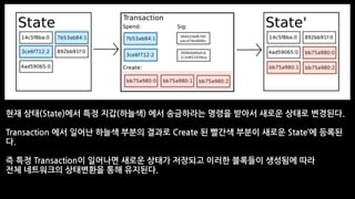 현재 상태(State)에서 특정 지갑(하늘색) 에서 송금하라는 명령을 받아서 새로운 상태로 변경된다.
Transaction 에서 일어난 하늘색 부분의 결과로 Create 된 빨간색 부분이 새로운 State’에 등록된
다.
즉 특정 Transaction이 일어나면 새로운 상태가 저장되고 이러한 블록들이 생성됨에 따라
전체 네트워크의 상태변환을 통해 유지된다.
 