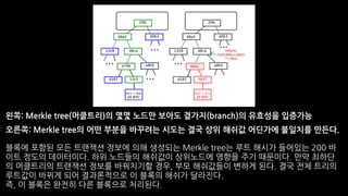왼쪽: Merkle tree(머클트리)의 몇몇 노드만 보아도 곁가지(branch)의 유효성을 입증가능
오른쪽: Merkle tree의 어떤 부분을 바꾸려는 시도는 결국 상위 해쉬값 어딘가에 불일치를 만든다.
블록에 포함된 모든 트랜잭션 정보에 의해 생성되는 Merkle tree는 루트 해시가 들어있는 200 바
이트 정도의 데이터이다. 하위 노드들의 해쉬값이 상위노드에 영향을 주기 때문이다. 만약 최하단
의 머클트리의 트랜잭션 정보를 바꿔치기할 경우, 부모 해쉬값들이 변하게 된다. 결국 전체 트리의
루트값이 바뀌게 되어 결과론적으로 이 블록의 해쉬가 달라진다.
즉, 이 블록은 완전히 다른 블록으로 처리된다.
 