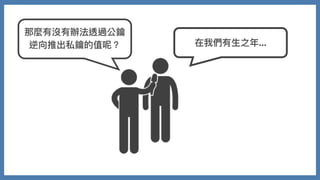 那麼有沒有辦法透過公鑰
逆向推出私鑰的值呢？ 在我們有⽣之年...
 