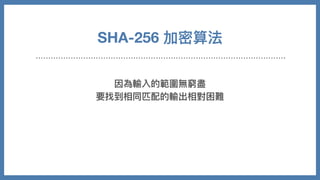 因為輸入的範圍無窮盡
要找到相同匹配的輸出相對困難
SHA-256 加密算法
 