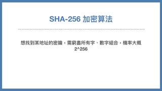 想找到某地址的密鑰，需窮盡所有字、數字組合，機率⼤概
2^256
SHA-256 加密算法
 
