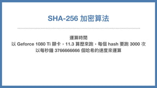 運算時間
以 Geforce 1080 Ti 顯卡，11.3 算歷來跑，每個 hash 要跑 3000 次
以每秒鐘 3766666666 個哈希的速度來運算
SHA-256 加密算法
 