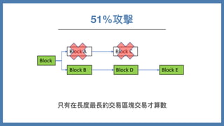 51%攻擊
只有在長度最長的交易區塊交易才算數
 