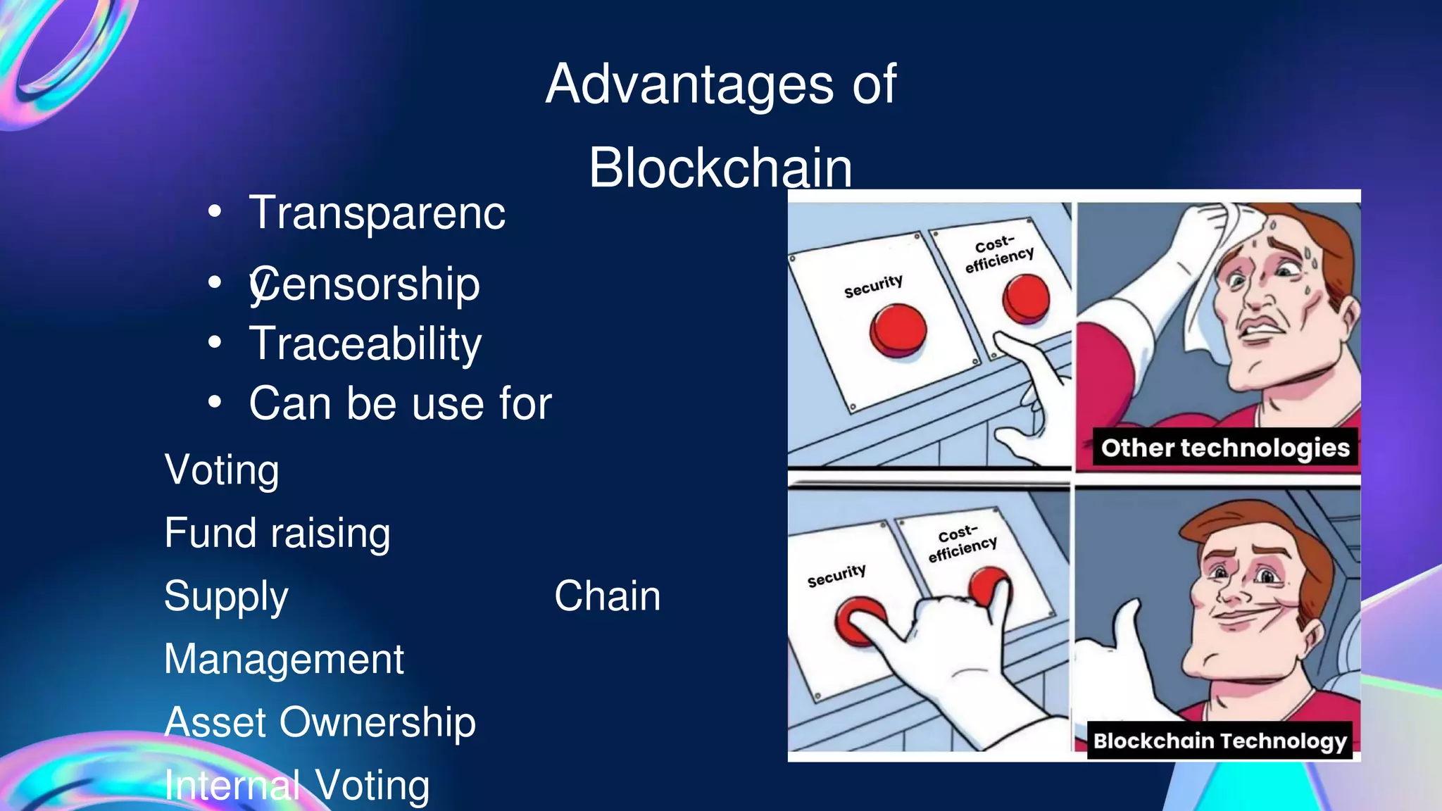 Advantages of
Blockchain
• Transparenc
y
• Censorship
• Traceability
• Can be use for
Voting
Fund raising
Supply Chain
Management
Asset Ownership
Internal Voting
 