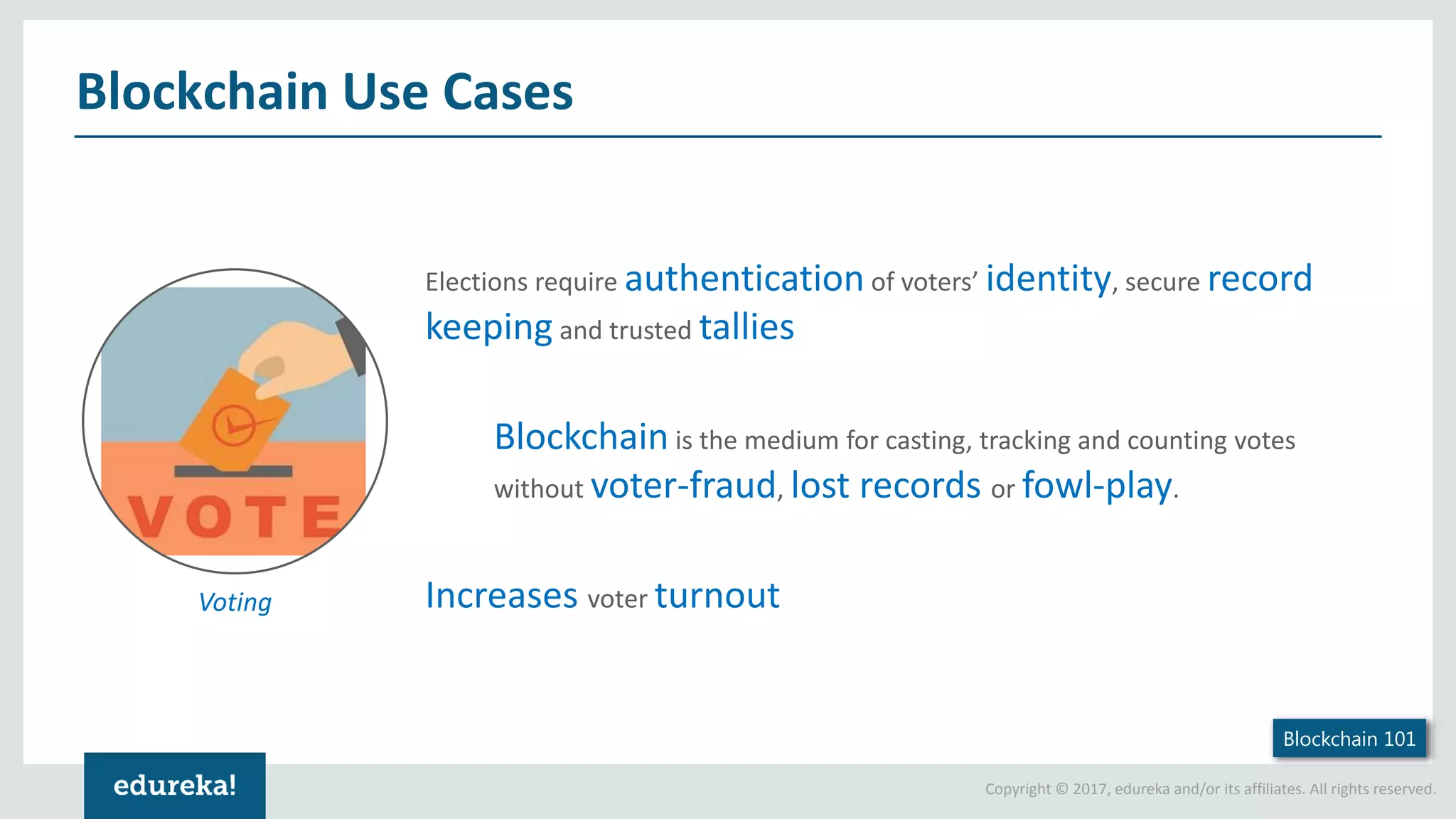 Copyright © 2017, edureka and/or its affiliates. All rights reserved. Blockchain Use Cases Elections require authentication of voters’ identity, secure record keeping and trusted tallies Blockchain is the medium for casting, tracking and counting votes without voter-fraud, lost records or fowl-play. Increases voter turnoutVoting Blockchain 101 