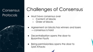 Consensus
Protocols
Challenges of Consensus
● Must have consensus over
○ Content of blocks
○ Order of blocks
● Agreement on blocks has winners and losers
→ consensus is hard
● Decentralization opens the door to
Byzantine Faults
● Being permissionless opens the door to
Sybil Attacks
 